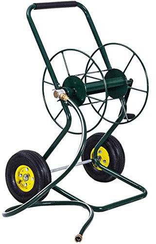 GYMAX Carrello Avvolgitubo da Giardino, Carrello per Tubi con Telaio Metallico per l'Irrigazione delle Piante, Carrello Porta Tubo d'Acqua con Meccanismo di Avvolgimento Conveniente