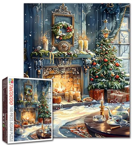 Tucocoo Rompecabezas de chimenea de Navidad para adultos, 1000 piezas, velas, árbol de Navidad, rompecabezas artístico, rompecabezas de manualidades para decoración del hogar, regalos, rompecabezas
