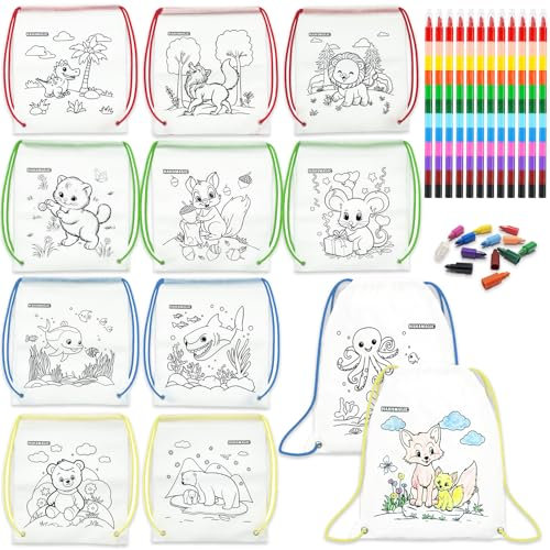 HahaMagic 12 Färbbare Beutel mit Kordelzug für Kinder mit 12 Stapelbare Wachsmalstifte (12 Farben in 1), perfekt als Stoffbeutel zum Bemalen Kindergeburtstag, Bastelset und Mitgebsel Kindergeburtstag