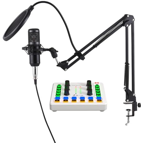 HUIOP Paquete de Equipo de Podcast Micrófono de Condensador con Kit de Tarjeta de Sonido en Vivo Micrófono de Podcast Plug and Play Cambiador de Voz Tarjeta de Sonido en Vivo para transmisión en Vivo