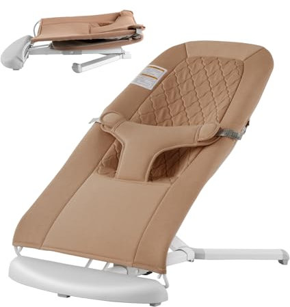 VEVOR Baby Bouncer, Folding Bouncer Seat for Babies 0-9 Months, Newborn Bouncer Chair with 2 Reclining Angles & 3-Point Harness, Portable Infant Rocker with Carrying Bag for Indoors Outdoors, Camel
