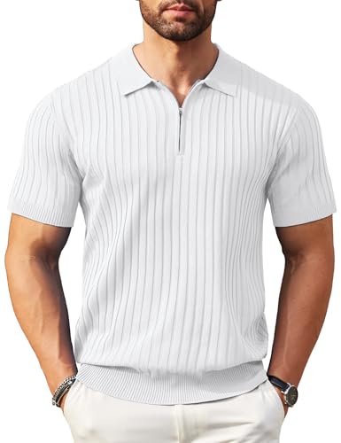 COOFANDY Men's Polos Short Sleeve Zipped Polo Shirts Summer Knit Slim Fit Striped Stretch Golf Polo White S