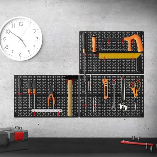ECD Germany Werkzeugwand dreiteilig mit 46 roten Aufhängern, 150x33x1,7 cm, Werkzeug Lochwand mit Halterungen und Montagematerial, Werkzeuglochwand Erweiterbar, Wandregal Lochplatte Werkstatt Zubehör