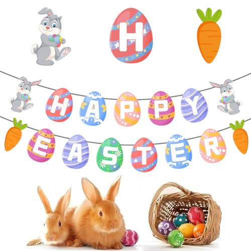 NOPKESV 1 Satz Ostern Banner Deko, Frohe Ostern Große Banner Easter Party Hängende Dekoration Hasen Ostereier Hintergrund Partybanner für Osterfeier Drinnen Draußen Garten
