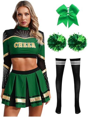inhzoy Damen Cheerleading Kostüm High School Cheer Leader Rock Langarm Crop Top Pompons 2er/4er/5er Set Halloween Karneval Kostüm Grün&Schwarz-Strümpfe L