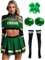 inhzoy Damen Cheerleading Kostüm High School Cheer Leader Rock Langarm Crop Top Pompons 2er/4er/5er Set Halloween Karneval Kostüm Grün&Schwarz-Strümpfe L