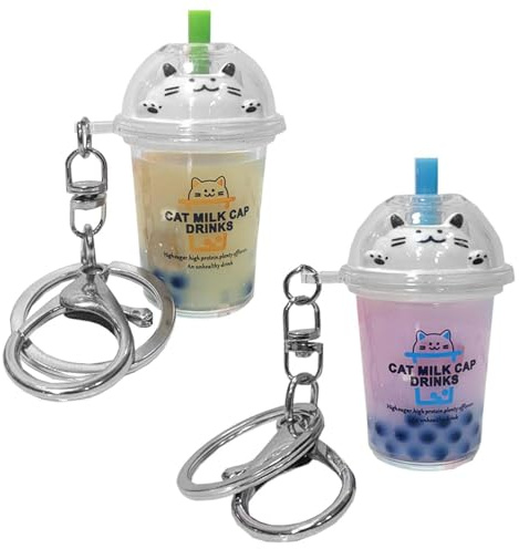 2Pcs Porte-Clés De Thé Au Lait De Chat, Porte-Clés Créatif De Thé Au Lait De Bulle De Chat, Porte-Clés De Sables Mouvants De Thé Au Lait, Accessoires Clés Mignons, Charme De Sac pour Filles