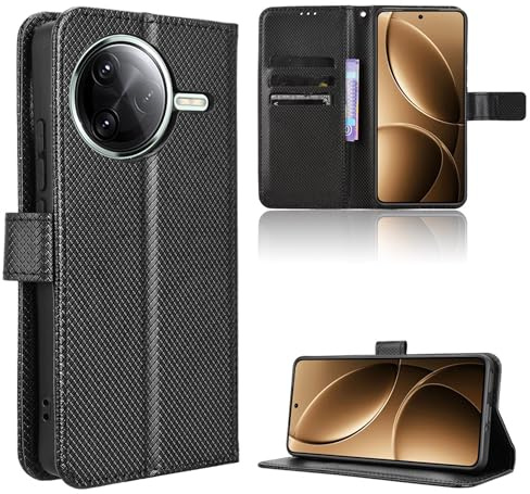 Rojeuinn Hülle für Xiaomi Poco F7 Pro / F7 Ultra 5G Handyhülle-Hülle Stoßfest Case Cover-Handy Case in Premium Kohlefaser [Klappbar Flip] [Standfunktion Tasche] -Schwarz