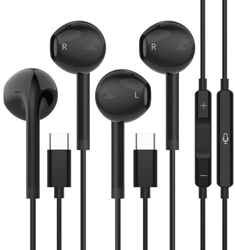 USB C Headphones for iPhone 16 15, Wired Earbuds USBC for iPad Pro Air Mini, iPad 10th, MacBook, Type C Earphones for Samsung, Google Pxiel, Lenovo, Dell, in Ear Headphones, Microphone, 2 Pack Black