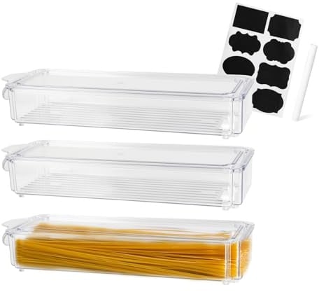 ZoeQide Spaghetti Aufbewahrung 3er Set 1,35 L, Vorratsdosen mit Deckel | Drei transparente Dosen für Spaghetti, Müsli und Snacks, luftdicht stapelbar mit Etiketten für Schrank oder Küchenregal