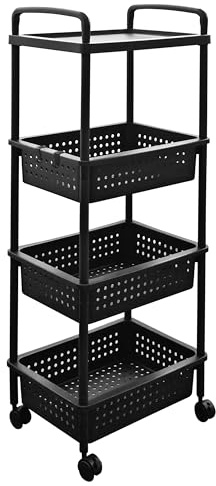 ABBAware 4 Tier Plastic Storage Utility Cart with Top Tray and Large Baskets with Steel Reinforced Lockable Wheels for Home Storage, Office Storage, Black