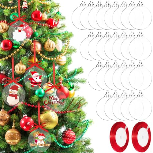 DRERIO 80er Set Acryl-Weihnachtskugeln 8 cm rund flach mit Loch zum Bemalen | 80er Set Acryl Weihnachtskugeln flach, 8,8 ×7,6 cm, bruchfest & bemalbar, mit Loch & Band, für innen & außen, DIY