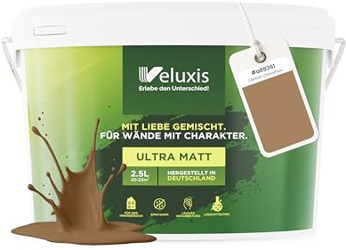 Veluxis® Pintura de pared marrón para uso interior - 2,5 litros y opacidad clase 1, sin vetas, antigoteo y ecológica, sin COV - (Certain Cinnamon)
