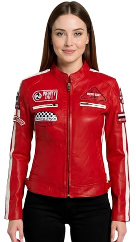 Women’s Leather Biker Jacket – Casual Racing Style with Moto Badges, Nappa Leather & Contrasting Stripes
