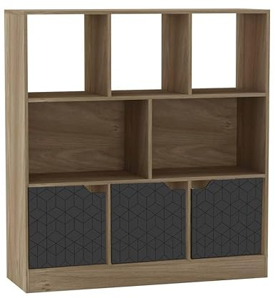 URBNLIVING Oak 8 Cube Asymmetrical Bookcase – Freestanding Storage Cabinet with 3 Doors - Geo Design Doors - Black