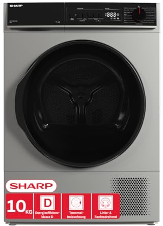 SHARP KD-PRO0S7GSD-DE Wärmepumpentrockner (10 kg, EEK D), (15 Trockenprogramme, 20 Min. Kurzprogramm, WiFi, Edelstahltrommel mit LED-Beleuchtung), Silber