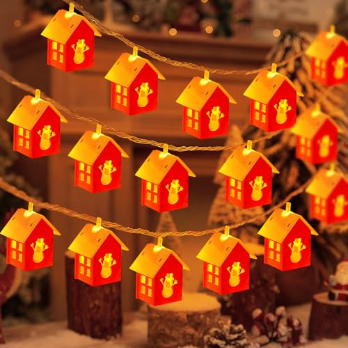 GZWY Lichterkette Weihnachten, 2M 10LED Holz Weihnachtshäuser Lichterkette, LED Weihnachtsdeko Beleuchtet Häuser Weihnachten Deko Lichterkette Innen Batterie Weihnachtsbeleuchtung für Innen Außen (A)