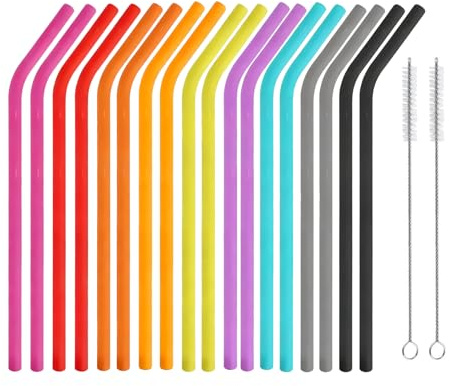 18 Pcs Reusable Silicone Straws with 2 Cleaning Brushes, Soft Bent Straws | Colourful, for Hot/Cold Beverages, Cocktail, Juice, Milkshake, Soda, Home, Bars, Office, Outdoor