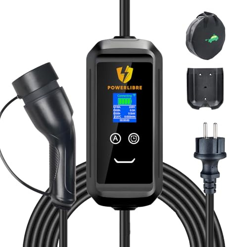Powerlibre Chargeur Voiture Electrique Type 2 3.6kW 16A Réglable, Wallbox Portable IP66 avec Câble 5M et Écran LCD, Recharge EV avec RCD, Compatible e-208, Zoe, Megane EV, Spring, PHEV/EV