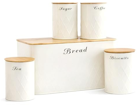 Oypla 5pc Cream Bamboo Lid Kitchen Canister Storage Tin Set Bread Biscuits Tea Sugar Coffee