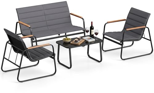 COSTWAY Gartenmöbel Set, Outdoor Lounge Möbel, Balkonmöbel Kleiner Balkon, Sitzgruppe mit 2 Stühlen, Bank, Tisch und Kissen, Sitzgarnitur, Terrassenmöbel, Gartengarnitur für Balkon, Terrasse, Garten