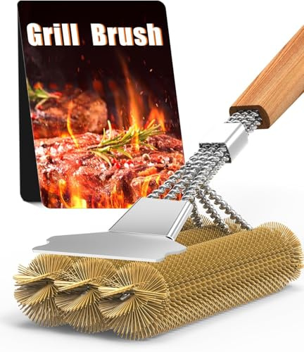 Grillborste i mässing, grillrengöringsborste, rostfri stålskrapa, tjocka borst i rostfritt stål, 39 cm extra långt trähandtag, för gasgrill, grill, grill,