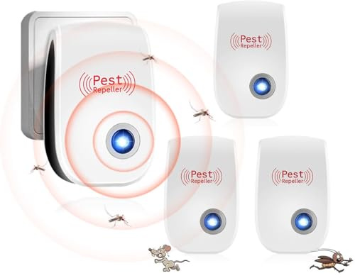 Repelente Ultrasónico de Plagas Enchufable, Pack de 4 Ahuyentadores Ultrasónicos Anti Mosquitos y Roedores para Interior, Control de Insectos, Moscas, Cucarachas, Arañas, Cobertura hasta 120 m²