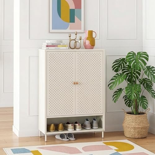 [en.casa] Schuhschrank Coleraine mit 2 Türen Schrank schmal mit offenem Fach Flurschrank 3 Ebenen höhenverstellbar Schuhkommode Metall Schuhaufbewahrung 115 x 80 x 35 cm Cremeweiß