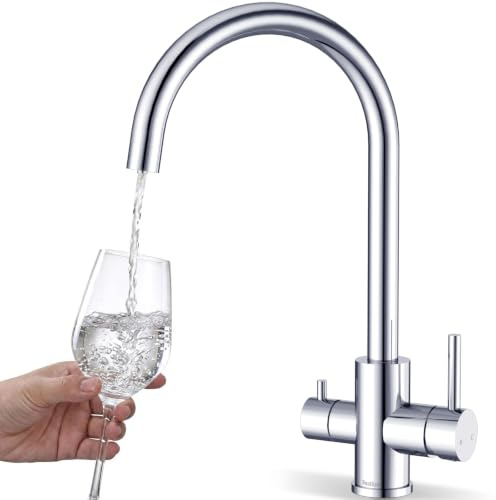 Rubinetto per Lavello da Cucina a 3 Vie BuntHaus, Acciaio Inox, Cromato | Miscelatore per Sistemi a Osmosi Inversa, 3 in 1 con Doppia Leva per Acqua Potabile, Calda e Fredda, Girevole a 360°