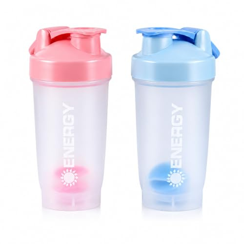Carehabi Shaker Proteine 500ml Lot de 2, Shaker avec Boule Mélangeuse | Gourde Sport & Shaker Whey anti-fuite. Gourde Plastique sans BPA pour le fitness et cadeau de couple (Bleu et Rose)