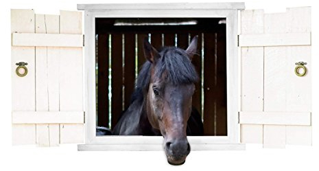 Nicima 126 Sticker mural décoratif pour chambre d'enfant Déco Chambre Motif tête de cheval Noir Avec volets de fenêtre 750 x 380 mm