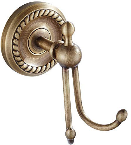 WOMAO Double Towel Hook Robe Clothes Hook Holder, Antique Brass Construction Vintage Retro Style Wall Mounted Installation for Bathroom