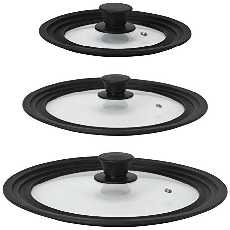 Steuber 3er Set Universal Glasdeckel für Töpfe und Pfannen 16/18/20 cm, 24/26/28 cm & 28/30/32 cm, mit Auslassventil und Silikonrand, schwarz