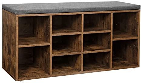 VASAGLE Banc à Chaussures, Banc de Rangement avec Coussin Rembourré, 10 Compartiments, Étagères Réglables, pour Salon, Couloir, 30 x 104 x 48 cm, Marron Rsutique et Gris LHS10XB