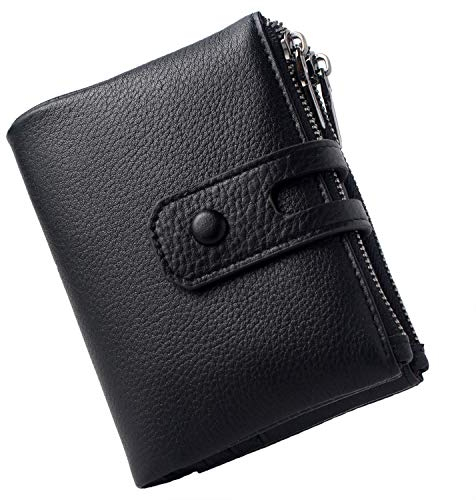 Bveyzi Klein Geldbeutel Damen elegant Geldbörse Damen aus echtem Leder Portemonnaie Damen mit RFID Schutz in schönen Farben und viele Fächer mit Druckknopf und Reißverschluss (Schwarz)