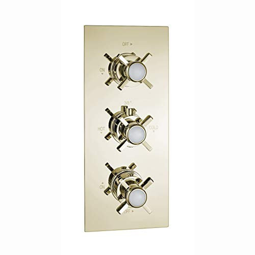 ENKI, Edwardian, TSV054, Concealed Thermostatic Triple Shower Mixer Valve with Two Outlets, Cross Handles, Traditional Bathrooms, Constant Temperature, Gold