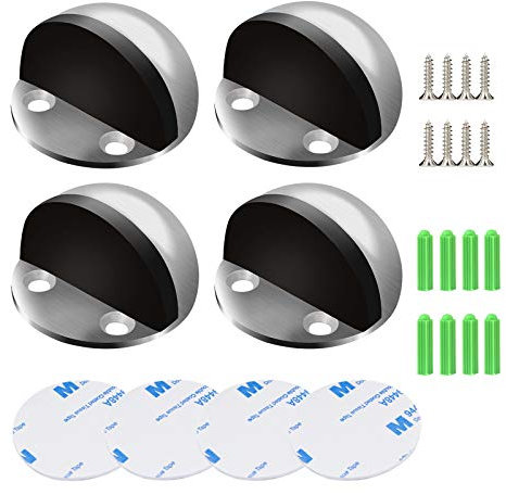 4PCS Door Stops, Stainless Steel Door Stopper Floor Mounted, Oval Adhesive Door Stop with Screws and Adhesive Pads