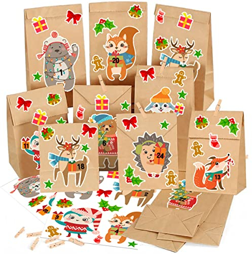 Adventskalender zum Befüllen Tüten Kinder DIY Kraftpapier Weihnachten Geschenktüten Selbstbefüllen, Weihnachtskalender Selber Basteln, Papiertüten Selberfüllen