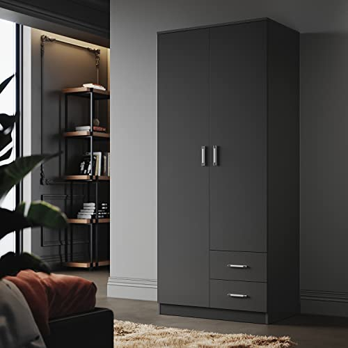 ELEGANT Black Wooden Wardrobe with Multi-Storage Units 2 Drawers Wardrobe with Hanging Rail for Home Bedroom