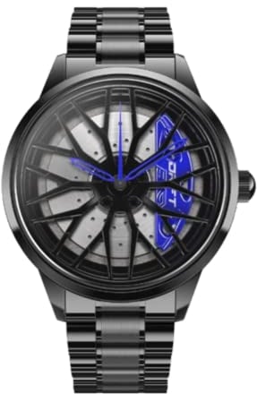 DriftElement Motorsport Felgenuhr Herren - Sportwagen Männer Armbanduhr im 3D Design der Sternspeichen M8 Felge aus Edelstahl - Custom Designer Uhr mit Mineralglas (Blau)