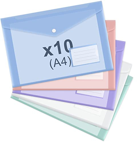 ASTARON Dokumententasche A4 zum Abheften, 10 Stück Transparente Plastikmappe a4, A4-Aktenordner mit Etikettentasche, für Schule, Zuhause, Arbeit, Büro, 5 Farben
