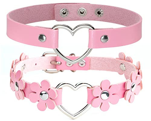 MILAKOO Lot de 2 colliers ras du cou pour femme avec anneau et fleurs - Décoration tendance - Style rock rétro - En polyuréthane, Similicuir