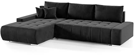 FEDVE Ecksofa mit Schlaffunktion Schwarz - Dhaka – Praktisches Schlafsofa mit Bettkasten Links – Gemütlich Rückenkissen Sofa mit Bettfunktion – Sofa L Form zum Salon für Viele Jahr
