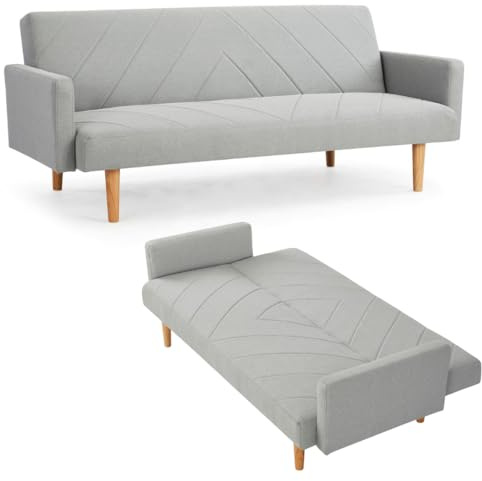 Home Detail Ryan 3-Seater Sofa Bed, Light Grey Fabric | Wooden Leg Frame, Clic-Clac