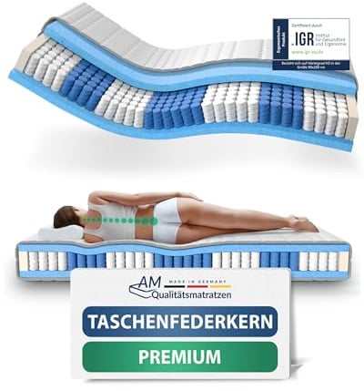 AM Qualitätsmatratzen Premium Taschenfederkernmatratze 140x220cm H5 24cm - Made in Germany & Oeko TEX Siegel - 7 Zonen Federkernmatratze 140x220 mit Lyocell Bezug - Orthopädische Matratze 140x220 H5