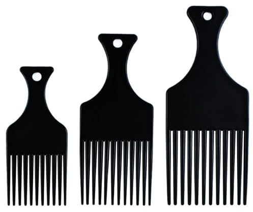 3 Pieces Afro Hair Pick Comb, Smooth & Sturdy Wide Tooth Hair Pick Comb Plastic Hairdressing Styling Tool for Natural Curly Hair Style, Black