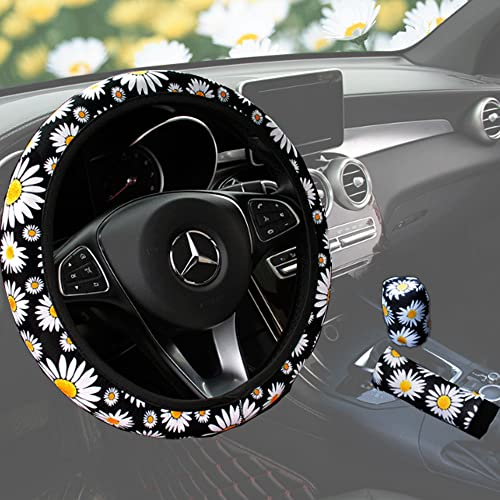 3 Teiliges Gänseblümchen-Druck Universal Lenkradbezug Handbremse Getriebe Abdeckung Set Auto Lenkradhülle Plüsch Teleskop Lenkrad AbdeckungLenkradbezug für Auto Zubehör 37–38 cm