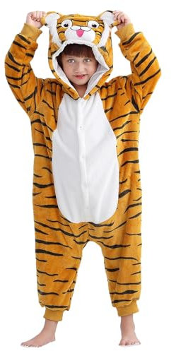 COOKY.D Unisexe Animal À Capuche Pyjamas Tout en Un Enfant Combinaison Gaming Filles Garçons Combinaison De Nuit Vêtements,Tigre 5-6 Ans