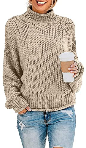 DEARCASE Damen Rollkragen Batwing Langarm Lockerer Oversize-Pullover Gestrickter Grobstrickpullover Oberteile für den Winter, Medium Khaki