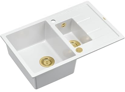 QUADRON Spülbecken Weiß Granit Granitspüle | Größe 78 x 50 x 22 cm, Farbe: Weiß & Golden | MORGAN 116 Küchenspüle Doppelbecken-Spüle | Doppelbecken Küchenspüle mit Abtropffläche | mit Hahnloch